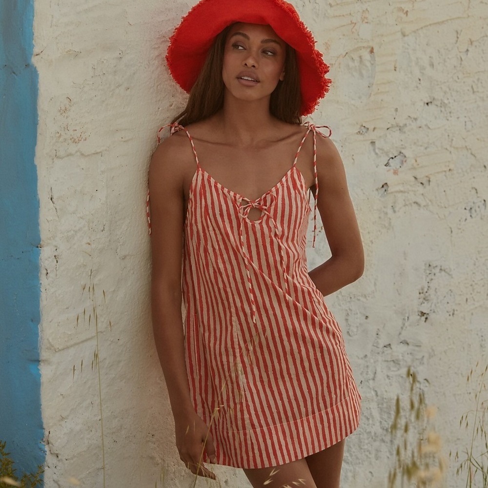 Farm Rio x Anthropologie Orange Striped Tie-Strap Mini Nap Dress Medium Cotton